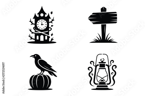 Halloween vector illustration featuring a spooky clock tower wooden sign crow
