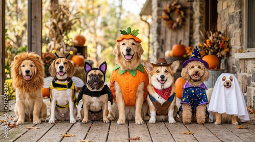 Adorable dogs in creative Halloween costumes sitting on a rustic porch, festive autumn pet celebration concept