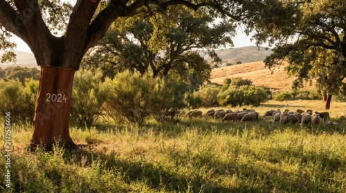 Plakat Flock of sheep grazing in a sunlit meadow near a cork tree marked with 2024