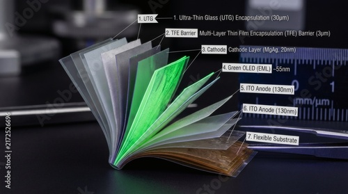 Plakat Layered flexible OLED display structure with green light emission