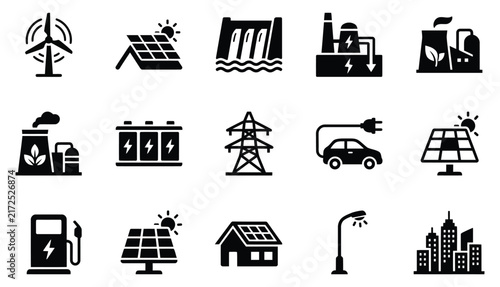 Set of black energy and power icons created by a professional vector illustrator for modern sustainable design projects