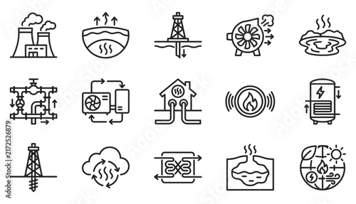 Set of geothermal energy icons created by a professional vector illustrator showing renewable power and sustainable heat sources
