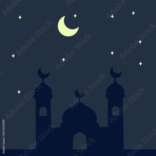 Mosque Silhouette With Crescent Moon And Stars At Night For Ramadan And Islamic Prayer