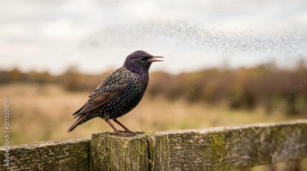 Fototapeta premium Common starling perched on wooden fence post with open beak and flock flying in background. Concept of bird, wildlife. Copy space.