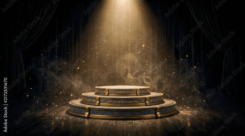 Obraz premium Empty stage with illuminated display podium and golden spotlight in dark theater setting