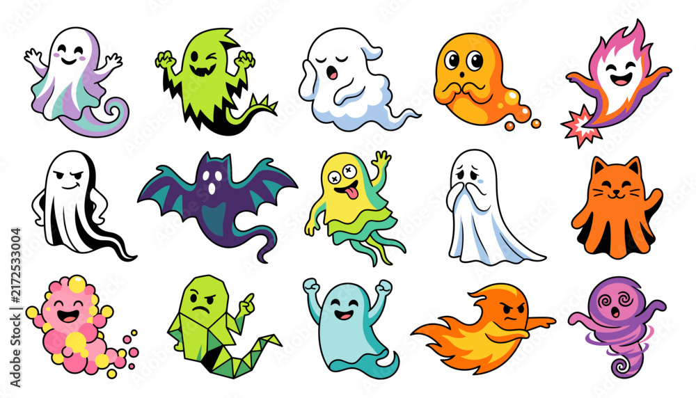 Fototapeta premium Colorful cute ghost characters halloween vector bundle for festive holiday designs