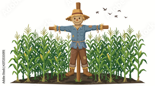 Foto Traditional Wooden Scarecrow with Straw Hat Standing Among Lush Corn Plants to P