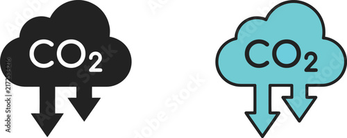 Bild auf Leinwand Black and blue carbon dioxide cloud icons with downward arrows showing reduction
