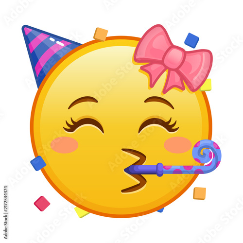 Female face with a festive horn and cap Large size of yellow emoji smile