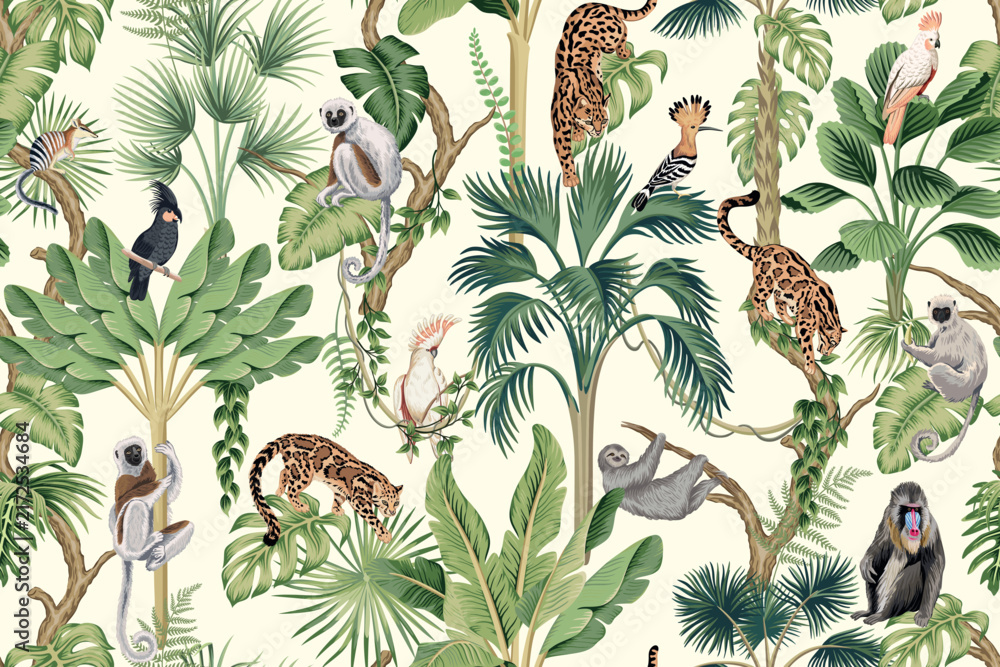 Fototapeta premium Monkey, lemur, sloth, cat animal, bird, parrot, tropical green palm trees floral seamless pattern. Exotic jungle wallpaper. 