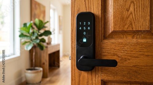 Modern smart lock integrates sleek design with digital keypad on a warm wooden interior door.