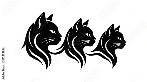 Three stylized black cats with flowing manes arranged in a symmetrical graphic composition.