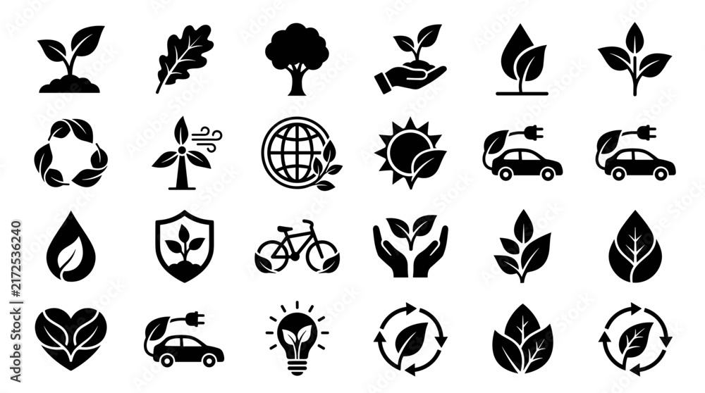 Obraz premium Eco Friendly Icons Set Nature Sustainability Renewable Energy Symbols
