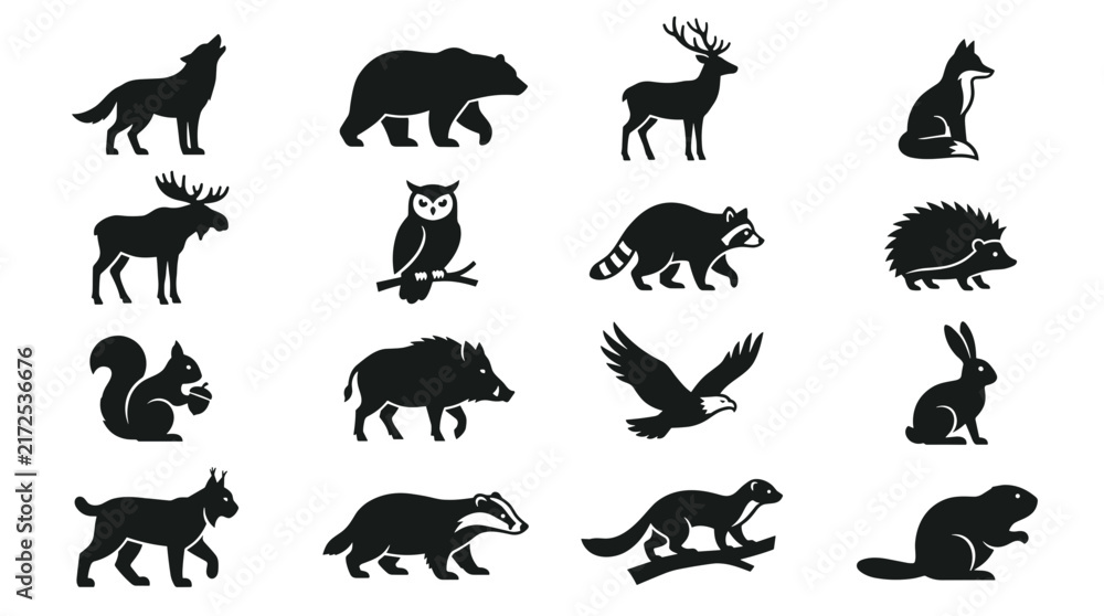 Fototapeta premium Collection of Silhouette Icons Representing Various Wild Animals