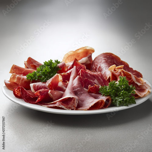 Antipasti-Platte mit luftgetrocknetem Schinken, Salami und Petersilie auf weißem Teller. Mediterrane Wurst- und Fleischspezialitäten, Vorspeise, Feinkost und authentische Food-Fotografie.