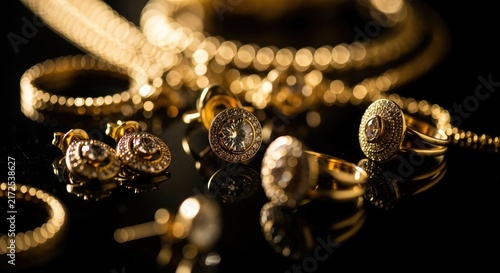 Elegant Gold Jewelry Collection Displayed on a Dark Surface with Reflections.