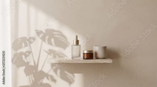 minimalist cosmetic mockup set on marble wall shelf with monstera leaf shadow overlay