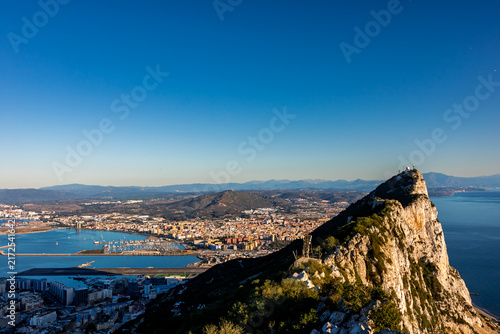 Scenic view of Gibraltar harbor from the Rock of Gibraltar. Port of Gibraltar.