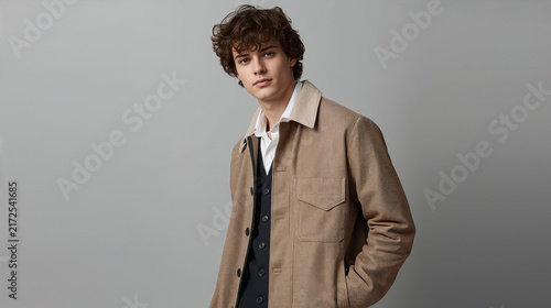 Handsome Young Man in Stylish Tan Jacket and White Shirt Posing Against Gray Background