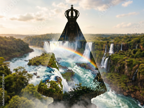 Silhouette of Our Lady of Aparecida with a double exposure of Iguazu Falls and a rainbow, symbolizing Brazilian spirituality and natural beauty
