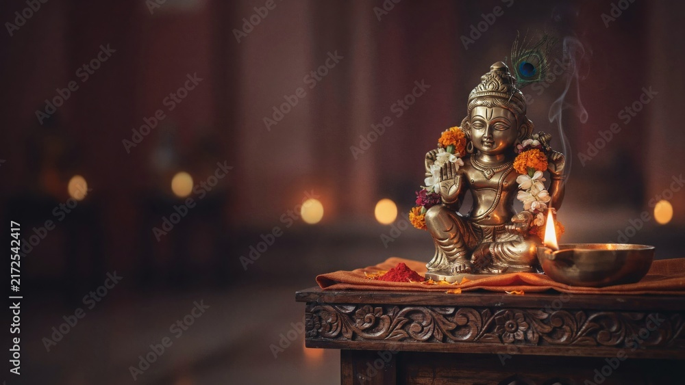 Fototapeta premium Ganesha statue illustration with flowers incense lamps spiritual hindu cultural religious worship devotion design concept
