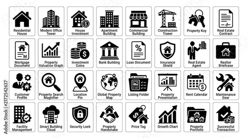 Real estate icons set displayed in black and white vectors for property management and housing development projects.