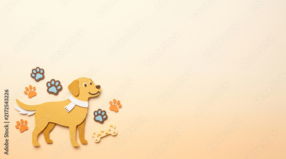 Obraz premium Dog Silhouette with Paw Prints, Paper-Cut Style Copy Space Background 犬と肉球のペーパークラフト風イラスト、ペット向けコピースペース背景