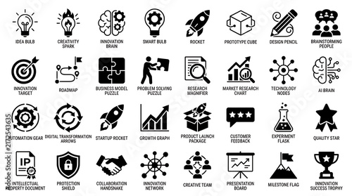 Innovation icon collection shows black silhouettes depicting creative ideas, technology, and startup growth.