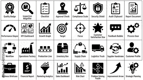 Comprehensive collection of quality assurance and logistics management vector icons for commercial use.