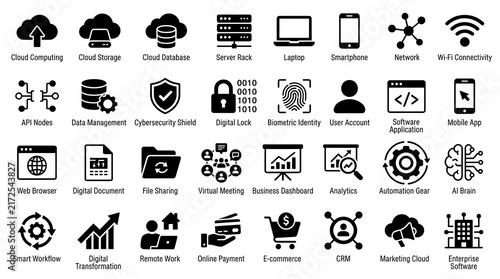 Grid of modern digital infrastructure and software development icons displayed in solid black strokes.