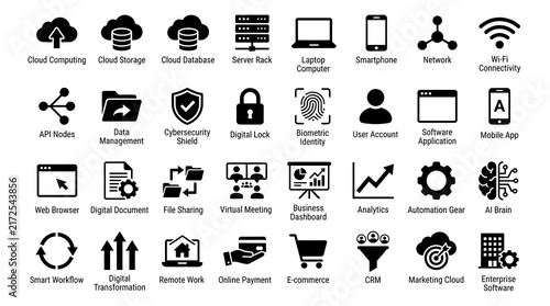 Technology symbols organized into a structured collection representing cloud infrastructure, database management, secure digital networks, software applications, and online transactions.