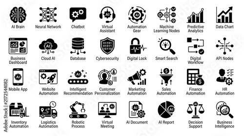 Artificial intelligence icons arranged neatly to depict machine learning, neural networks, advanced data analytics, automation, and modern business intelligence platforms.