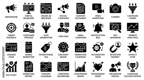 Business and marketing icons set showing various promotional strategies social media engagement and digital analytics tools.