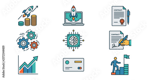 Set of business and technology icons representing startup growth, artificial intelligence, contract signing, and career progression, digital success elements