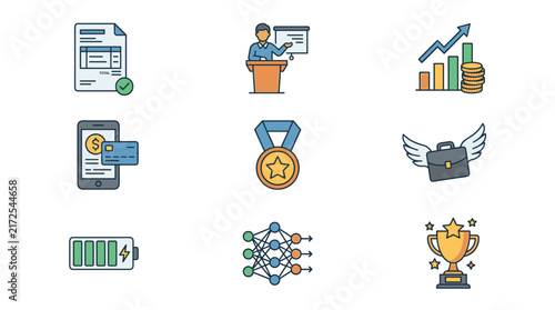 Set of pixel art icons representing business and finance concepts, including document approval, presentation, financial growth, mobile payment, award medal, successful startup, battery charge, neural