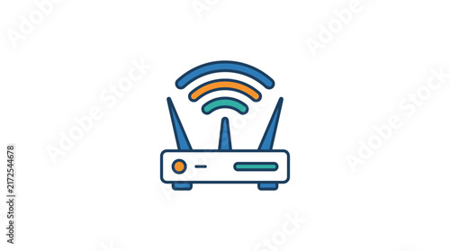 Wireless router emitting wifi signal with three antennas, abstract signal waves above, connectivity and network concept