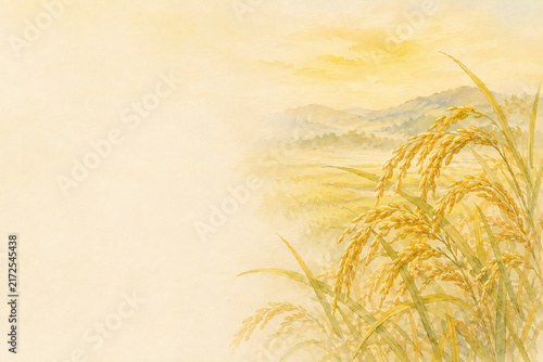 Plakat w ramie 黄金色の稲穂と余白、実りの秋を表現した和モダン背景,AI生成画像