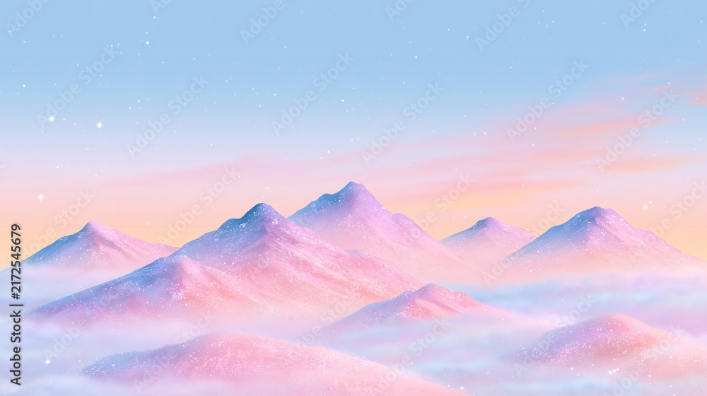 Obraz premium Dreamy pastel mountain landscape in soft pink and blue tones with sparkling snow and a magical winter atmosphere