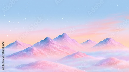 Dreamy pastel mountain landscape in soft pink and blue tones with sparkling snow and a magical winter atmosphere