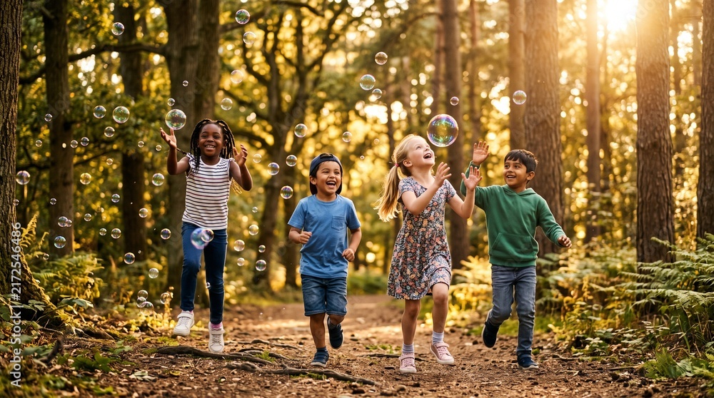 Fototapeta premium Happy diverse children playing with soap bubbles in a beautiful sunlit forest