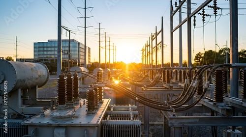 High voltage electrical substation equipment with power transformers at golden hour sunset