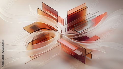 Abstract 3D geometric background with flowing translucent white ribbons and layered orange red rectangular shapes