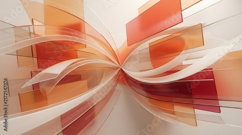 Abstract 3D geometric background with flowing translucent white ribbons and layered orange red rectangular shapes