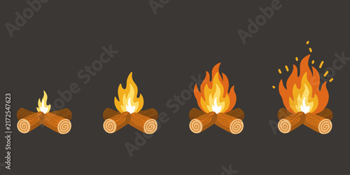 Set of four campfires growing from small flame to large blaze. Cartoon vector illustration on dark gray background