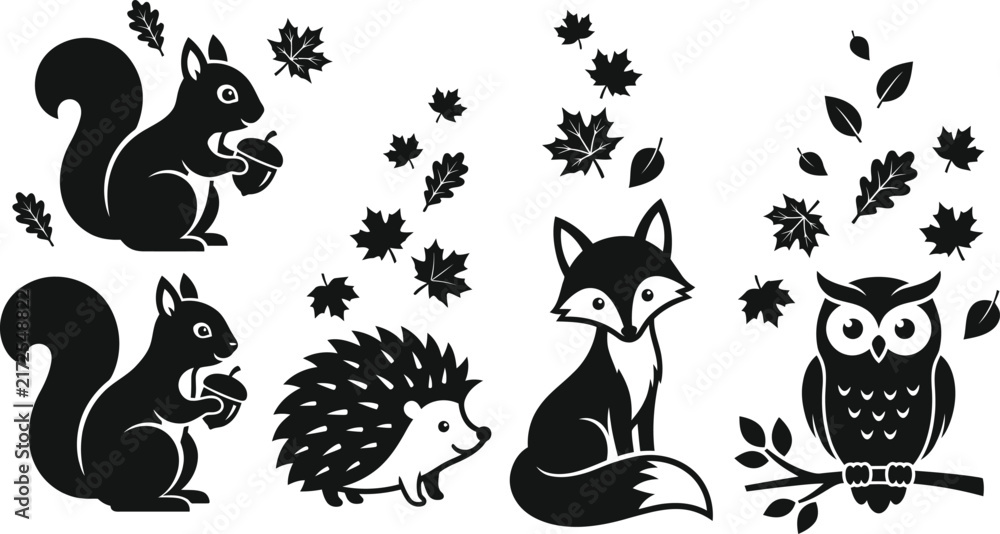 Obraz premium Set of cute forest animal silhouettes featuring squirrels hedgehog fox and owl