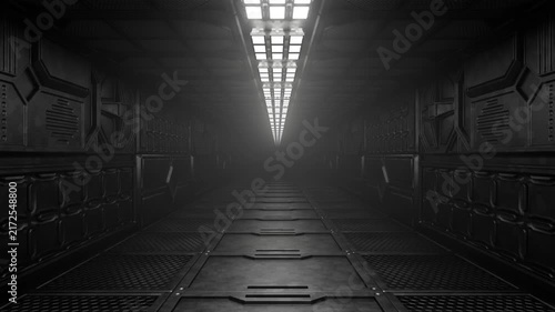 Futuristic metal corridor. Futuristic spaceship, tunnel corridor with reflective metal surfaces and infinite perspective. Seamless animation of the futuristic background.