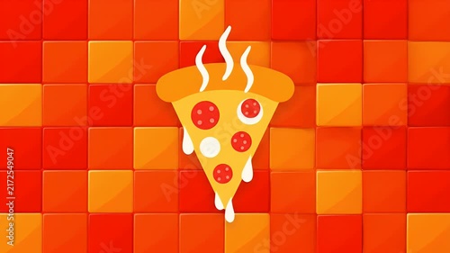 Vibrantly Illustrated Hot Pizza Slice Dripping with Melted Cheese and Pepperoni Against a Dynamic Orange and Red Checkerboard Pattern Background