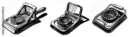 Obraz na płótnie Manual egg slicer kitchen tool set, wire cutter for boiled eggs, vintage woodcut