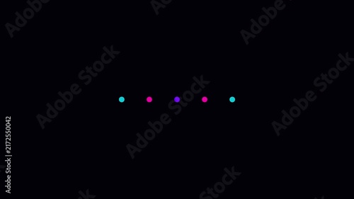 Minimalist loading animation with pulsing colorful dots on 4k black background, progress indicator