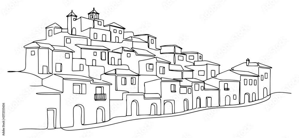 Fototapeta premium Hilltop Mediterranean village with old stone houses continuous line art. Traditional Italian or Spanish mountain town cityscape minimalist vector illustration.